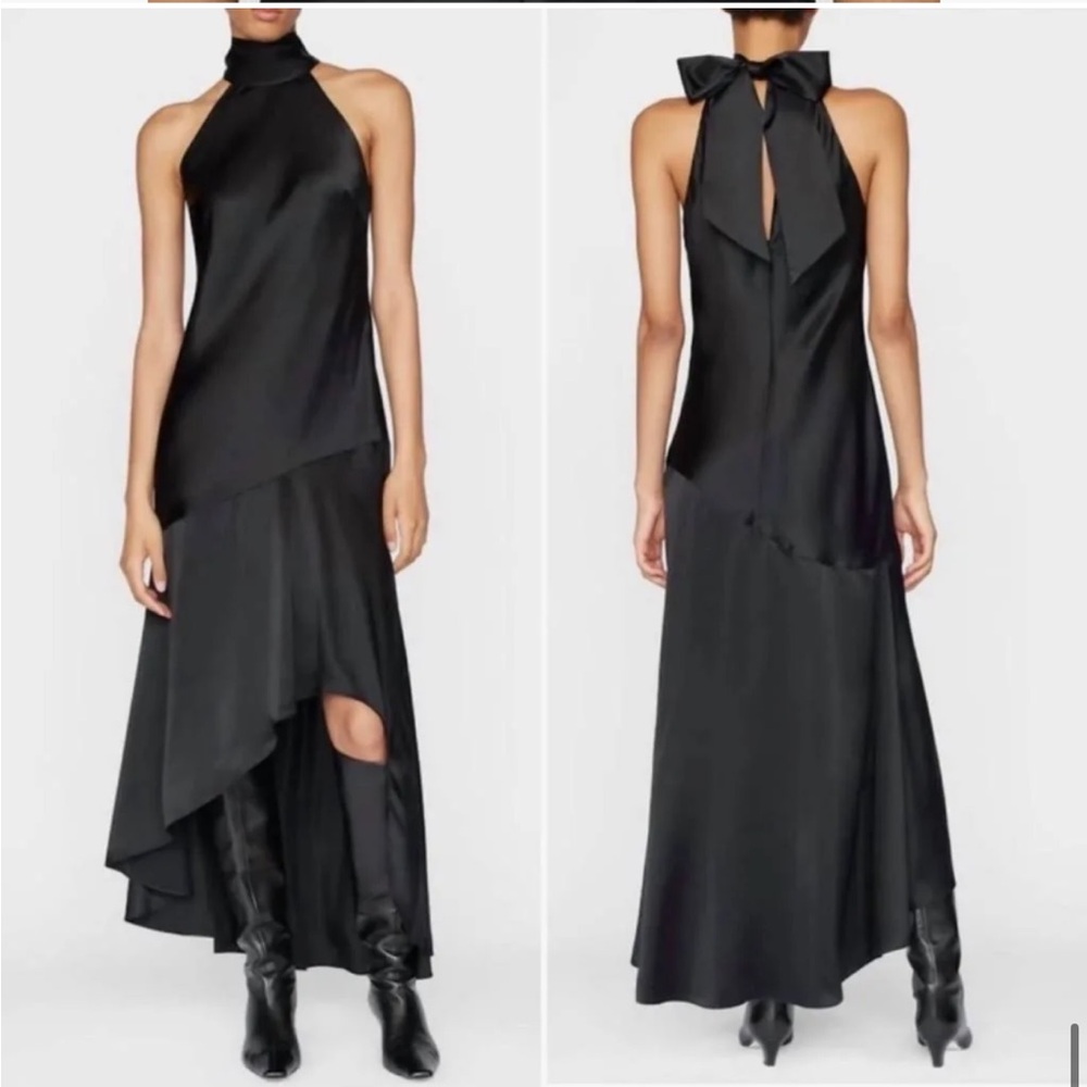 FRAME Draper Neck Tie Halter Dress in Black Satin.